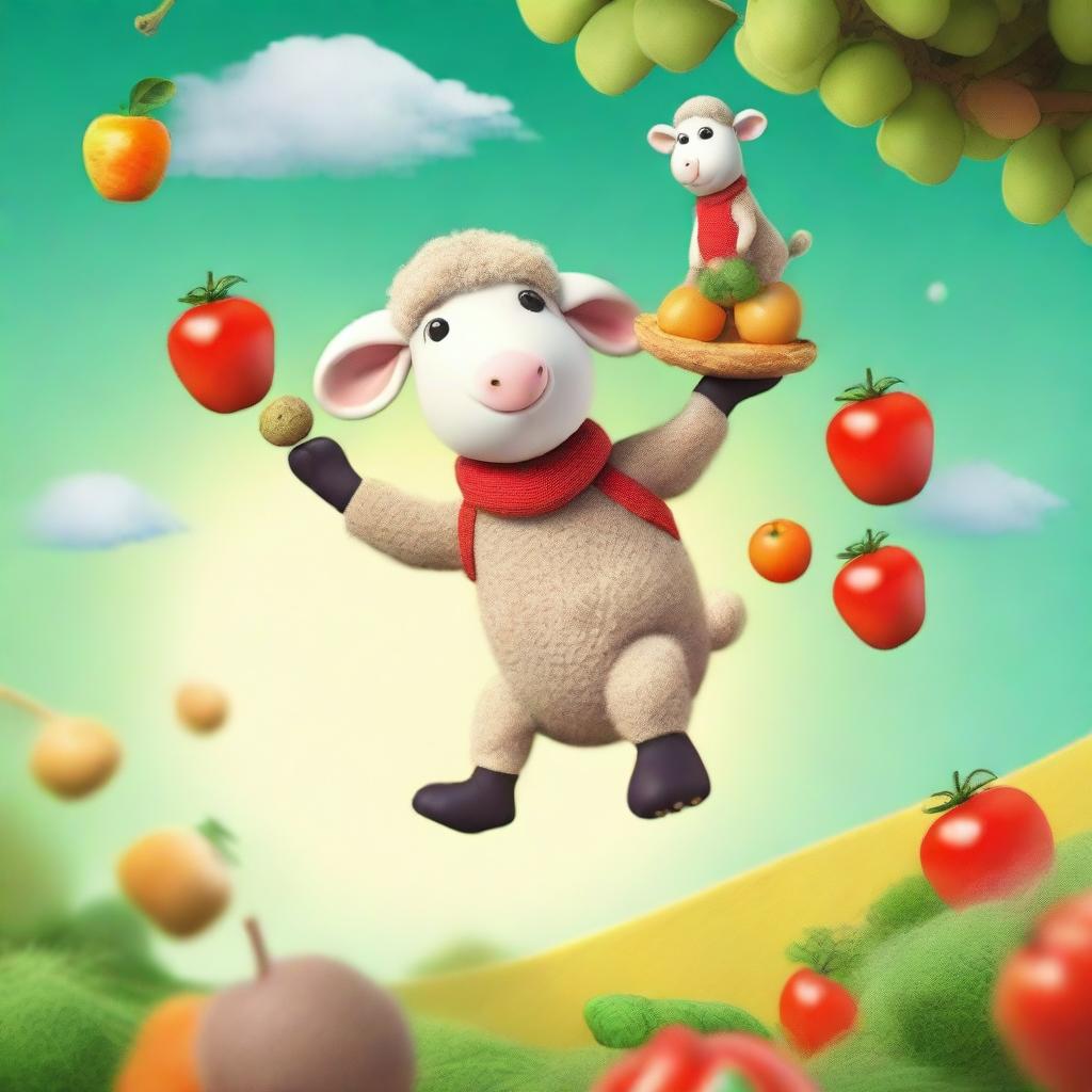 A sheep riding on the back of a monkey, who is juggling potatoes while eating tomatoes