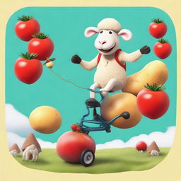 A sheep riding on the back of a monkey, who is juggling potatoes while eating tomatoes