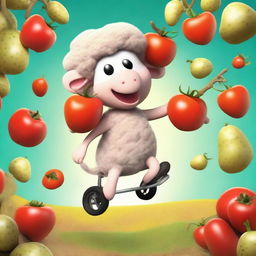 A sheep riding on the back of a monkey, who is juggling potatoes while eating tomatoes