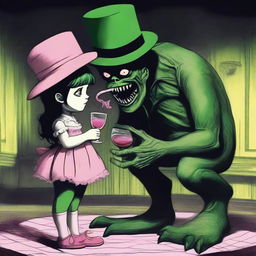 A monstrous creature with a green hat and pink shoes is drinking liquor from a girl's navel