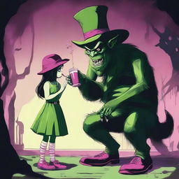 A monstrous creature with a green hat and pink shoes is drinking liquor from a girl's navel