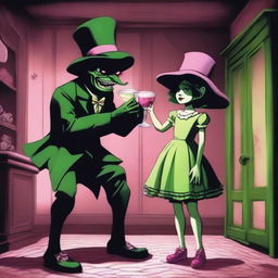 A monstrous creature with a green hat and pink shoes is drinking liquor from a girl's navel