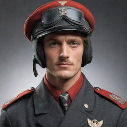 A handsome reinterpretation of the Red Baron, the German fighter ace pilot, featuring striking features, suave demeanor, and in full infight uniform