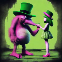 A monstrous creature with a green hat and pink shoes is drinking liquor from a girl's navel