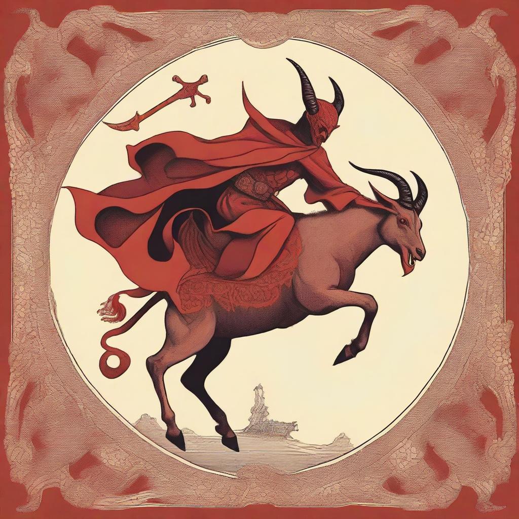 The devil, depicted with classic red skin, horns, and a menacing grin, is riding a goat