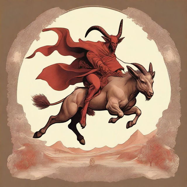 The devil, depicted with classic red skin, horns, and a menacing grin, is riding a goat