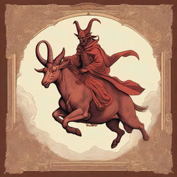 The devil, depicted with classic red skin, horns, and a menacing grin, is riding a goat