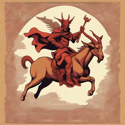 The devil, depicted with classic red skin, horns, and a menacing grin, is riding a goat