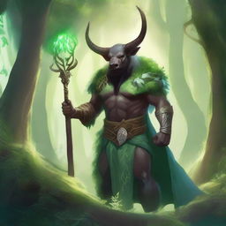 A majestic minotaur druid standing in a lush forest, surrounded by ancient trees and magical creatures