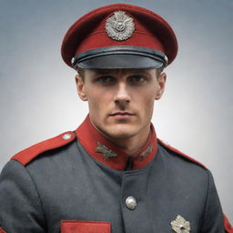 A handsome reinterpretation of the Red Baron, the German fighter ace pilot, featuring striking features, suave demeanor, and in full infight uniform