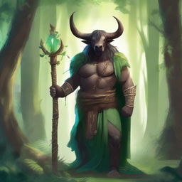 A majestic minotaur druid standing in a lush forest, surrounded by ancient trees and magical creatures