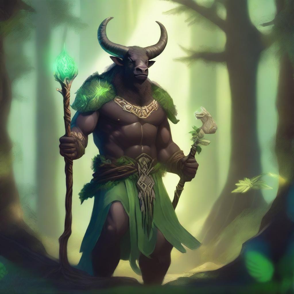 A majestic minotaur druid standing in a lush forest, surrounded by ancient trees and magical creatures