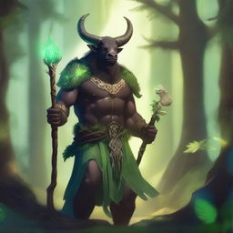 A majestic minotaur druid standing in a lush forest, surrounded by ancient trees and magical creatures