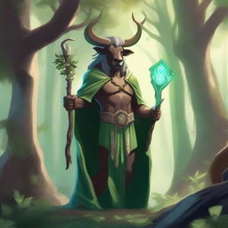 A majestic minotaur druid standing in a lush forest, surrounded by ancient trees and magical creatures