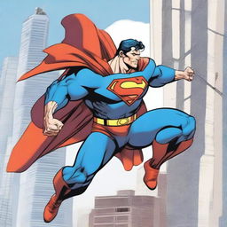 Superman, dressed in his iconic blue and red costume, is depicted as an iron worker