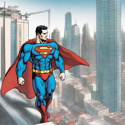 Superman, dressed in his iconic blue and red costume, is depicted as an iron worker