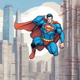 Superman, dressed in his iconic blue and red costume, is depicted as an iron worker