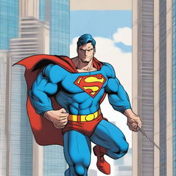 Superman, dressed in his iconic blue and red costume, is depicted as an iron worker