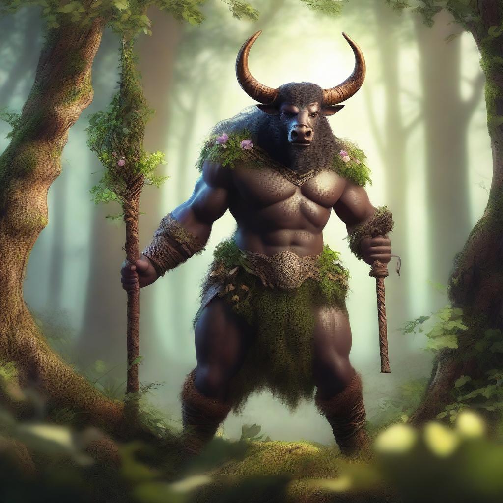 A majestic minotaur druid standing in a lush, enchanted forest