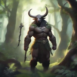 A majestic minotaur druid standing in a lush, enchanted forest