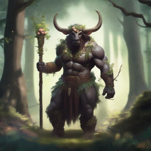 A majestic minotaur druid standing in a lush, enchanted forest