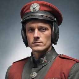 A handsome reinterpretation of the Red Baron, the German fighter ace pilot, featuring striking features, suave demeanor, and in full infight uniform