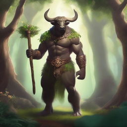 A majestic minotaur druid standing in a lush, enchanted forest