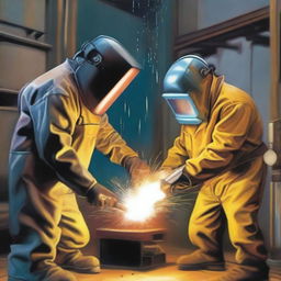 A welder, dressed in full protective gear including a welding helmet and gloves, is depicted welding on another welder