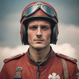 A handsome reinterpretation of the Red Baron, the German fighter ace pilot, featuring striking features, suave demeanor, and in full infight uniform