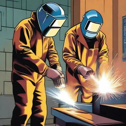 A welder, dressed in full protective gear including a welding helmet and gloves, is depicted welding on another welder