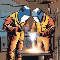A welder, dressed in full protective gear including a welding helmet and gloves, is depicted welding on another welder