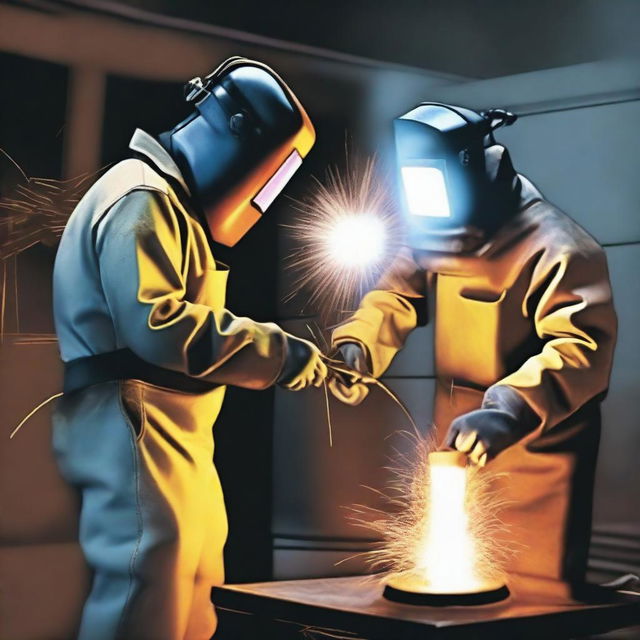 A welder, dressed in full protective gear including a welding helmet and gloves, is depicted welding on another welder