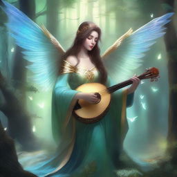 A scourge aasimar bard, glowing with divine energy, plays a celestial harp in a mystical forest