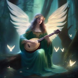 A scourge aasimar bard, glowing with divine energy, plays a celestial harp in a mystical forest