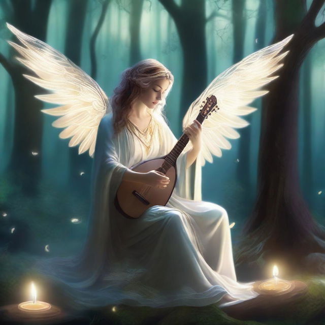 A scourge aasimar bard, glowing with divine energy, plays a celestial harp in a mystical forest