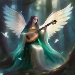 A scourge aasimar bard, glowing with divine energy, plays a celestial harp in a mystical forest