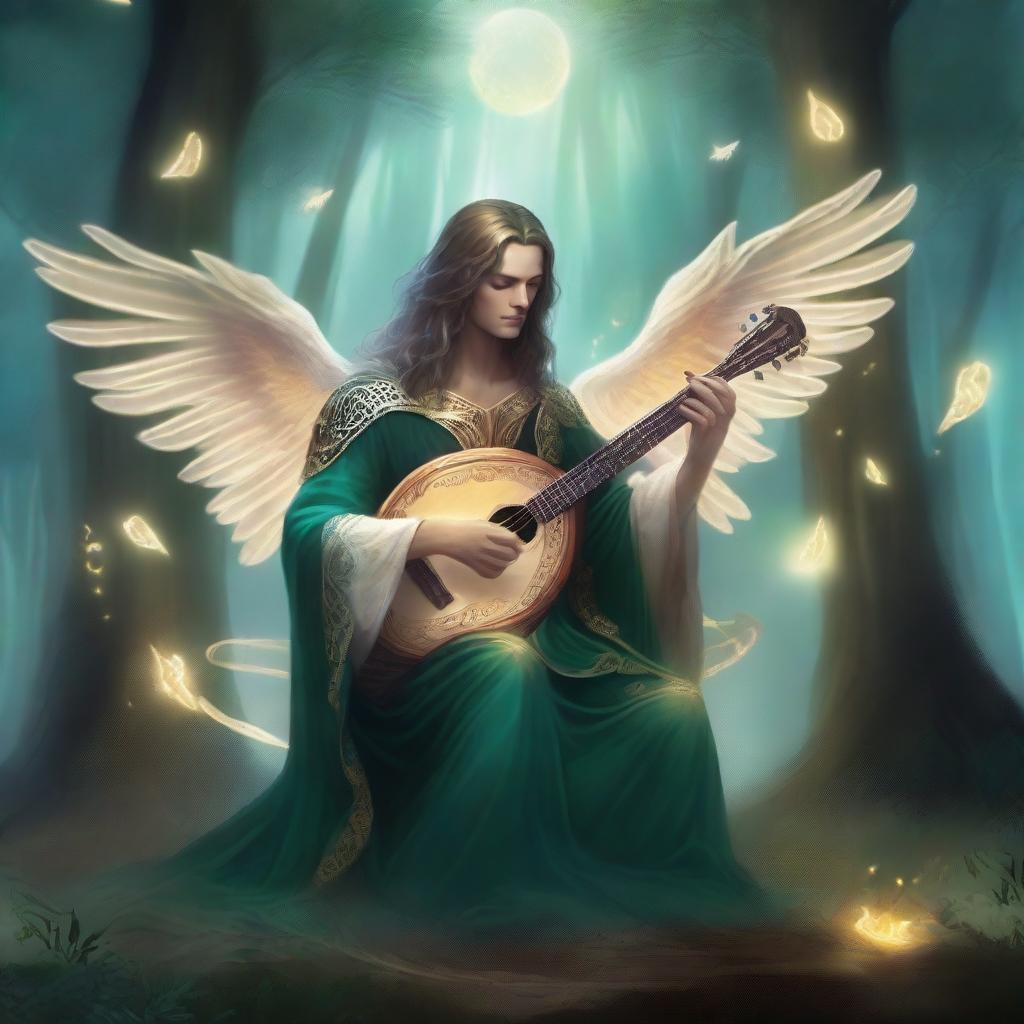 A male scourge aasimar bard, glowing with divine energy, plays a celestial harp in a mystical forest