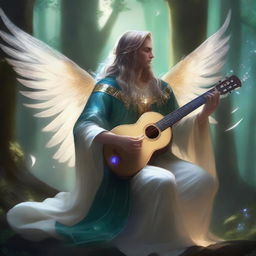 A male scourge aasimar bard, glowing with divine energy, plays a celestial harp in a mystical forest