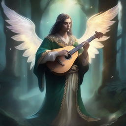 A male scourge aasimar bard, glowing with divine energy, plays a celestial harp in a mystical forest