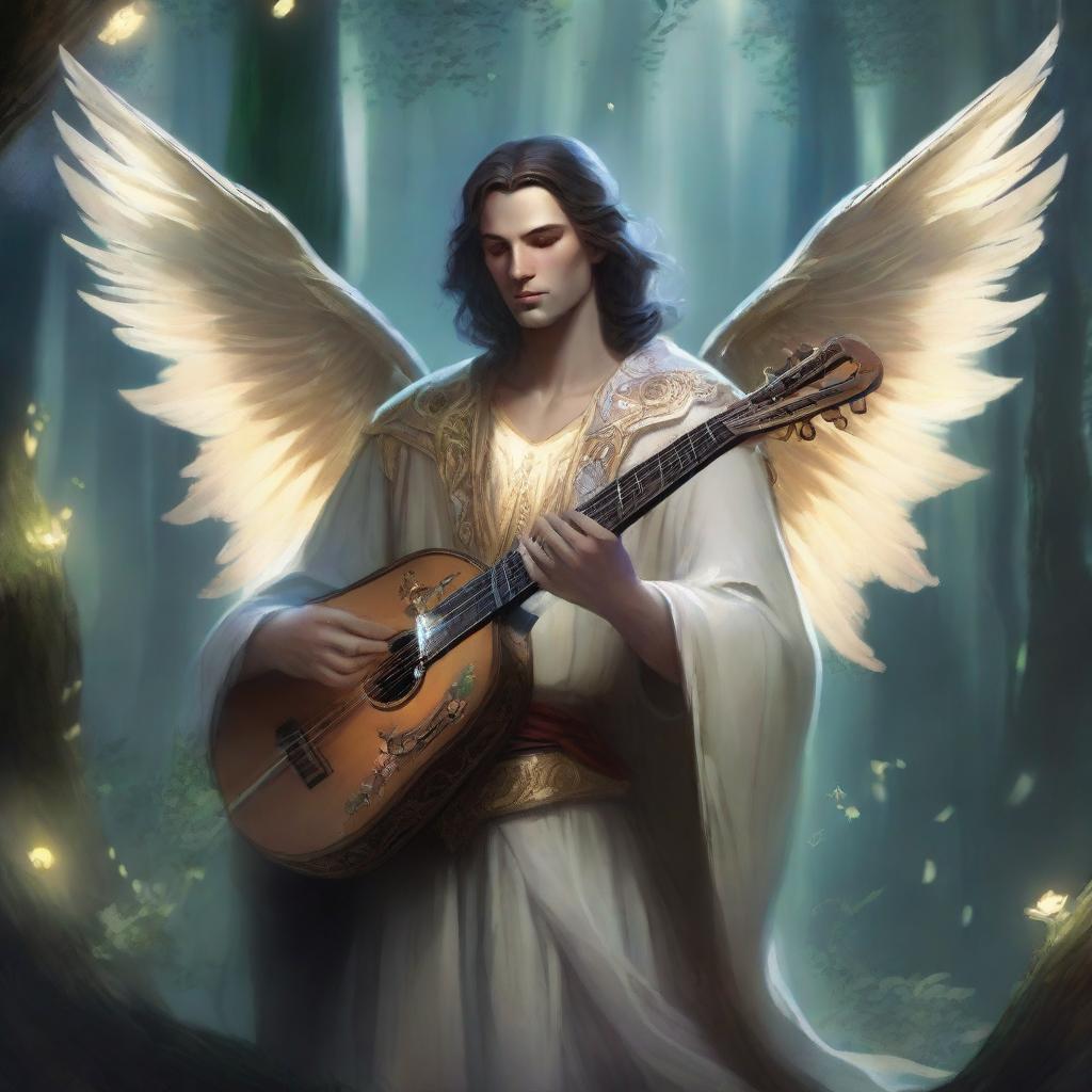 A male scourge aasimar bard, glowing with divine energy, plays a celestial harp in a mystical forest