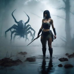 A fierce female warrior standing in a murky swamp, with water reaching up to her hips