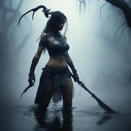 A fierce female warrior standing in a murky swamp, with water reaching up to her hips