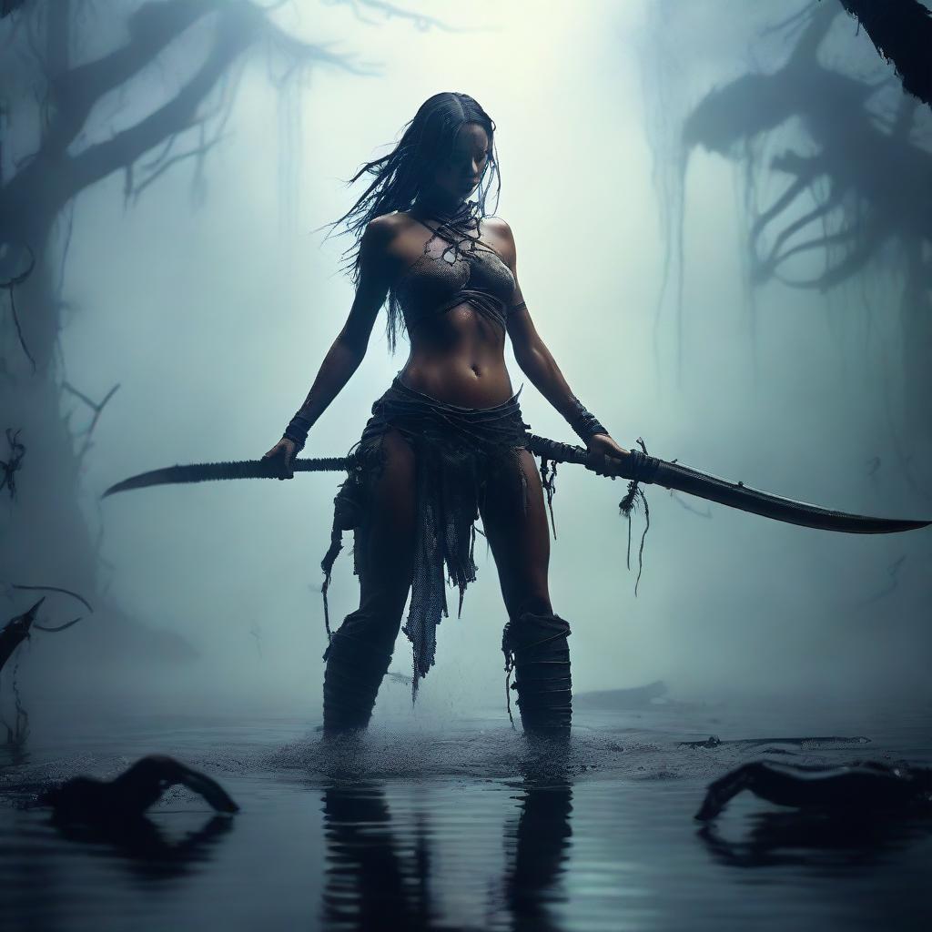 A fierce female warrior standing in a murky swamp, with water reaching up to her hips