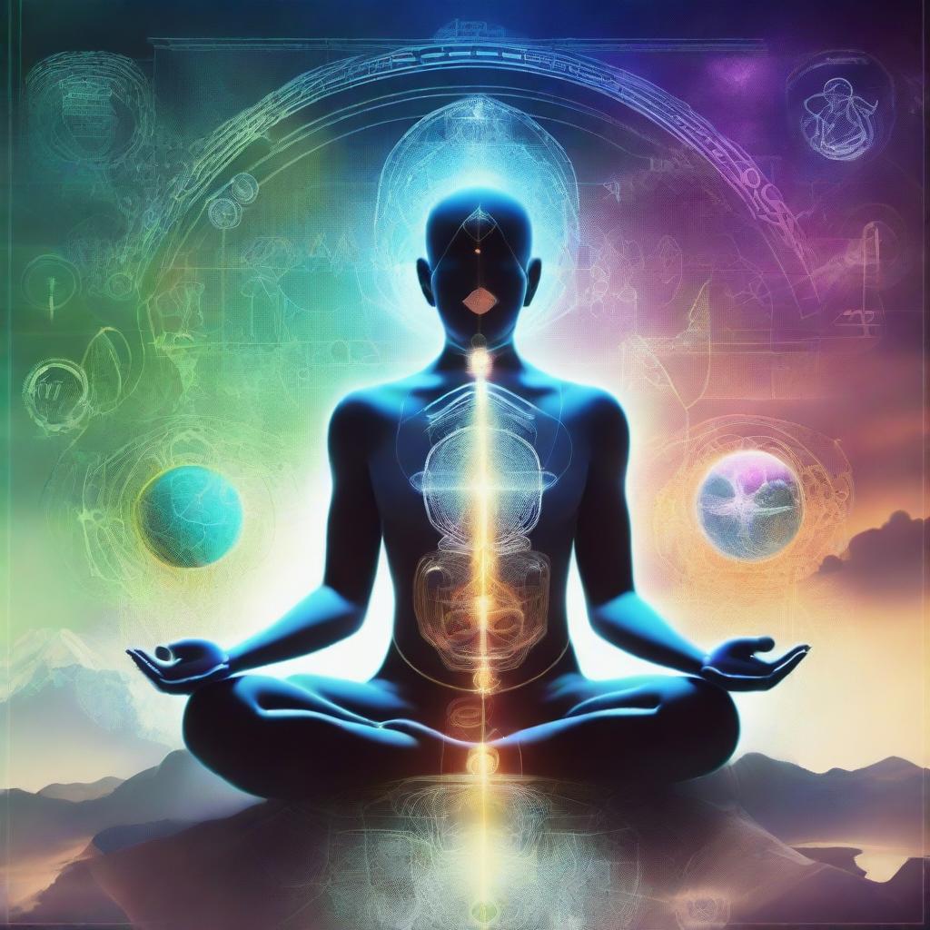 An image blending the themes of spirituality and science, showcasing elements like a meditating figure surrounded by scientific symbols, equations, and cosmic imagery