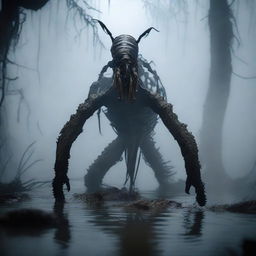 A scorpion with the torso of a human emerges from a murky swamp