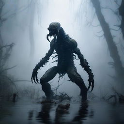 A scorpion with the torso of a human emerges from a murky swamp