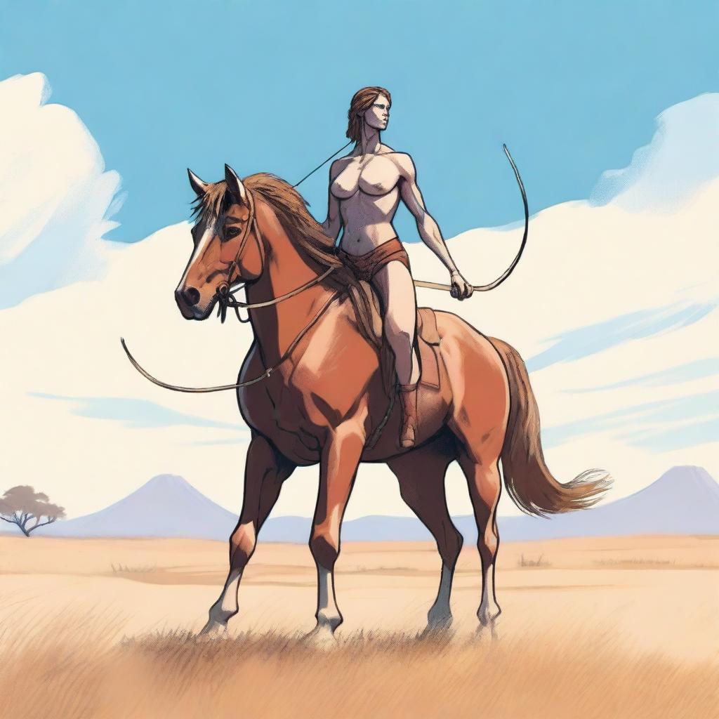 A majestic centaur standing in the middle of a vast savanna, holding a longbow