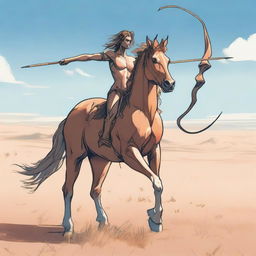 A majestic centaur standing in the middle of a vast savanna, holding a longbow