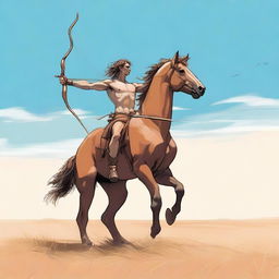 A majestic centaur standing in the middle of a vast savanna, holding a longbow