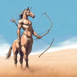 A majestic centaur standing in the middle of a vast savanna, holding a longbow